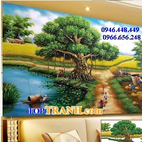 Tranh gắn đá cây đa làng tôi 2m